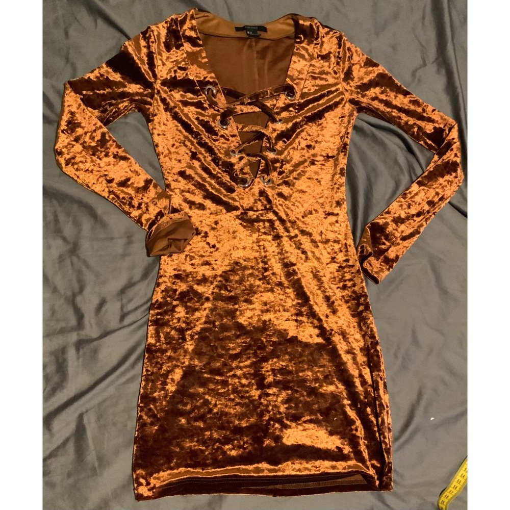 Forever 21 Rust Orange Velvet Long Sleeve Lace-Up Dress